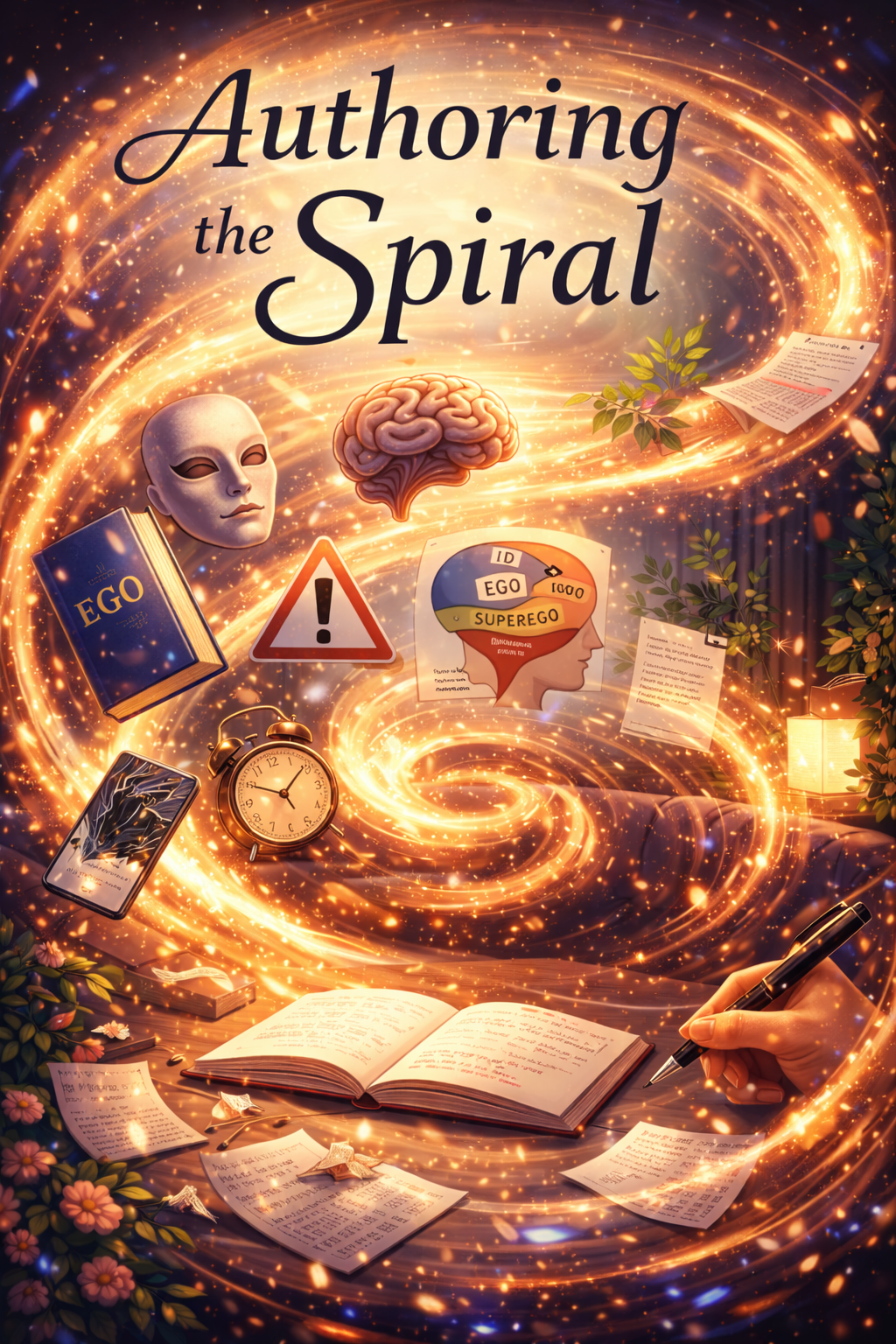 Digital illustration of a glowing golden spiral swirling above an open notebook on a wooden desk, surrounded by symbolic psychology elements such as a brain, a mask, an alarm clock, a broken smartphone, and a diagram of the ego, representing panic, reflection, and emotional processing.
