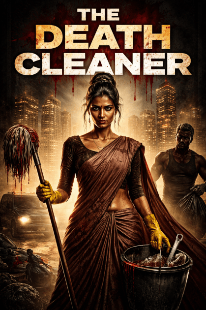 A dramatic noir-style book cover titled “The Death Cleaner.” In the center, a tall South Asian woman stands confidently in a dark brown saree with yellow cleaning gloves, holding a blood-stained mop in one hand and a metal bucket with cleaning tools in the other. Her hair is tied in a messy bun, and she stares intensely at the viewer. Behind her, a muscular man in a sleeveless shirt stands partially in shadow holding trash bags. The background shows a glowing city skyline at night with high-rise buildings, red splatter effects across the top, and police vehicles faintly visible near a slum-like foreground. The overall color palette is dark, gritty, and cinematic.