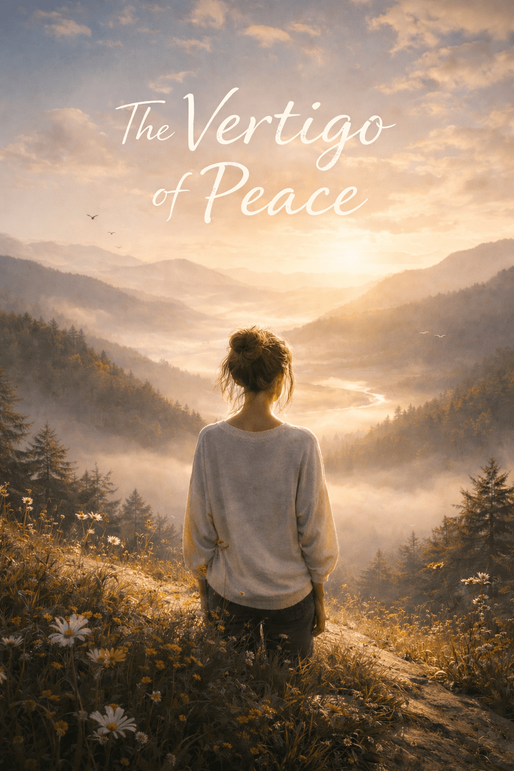 A young woman with her hair in a loose bun stands on a grassy cliff at sunset, overlooking a misty valley and layered mountains glowing in warm golden light. Wildflowers surround her in the foreground, and the title “The Vertigo of Peace” appears in soft white script across the sky above her.