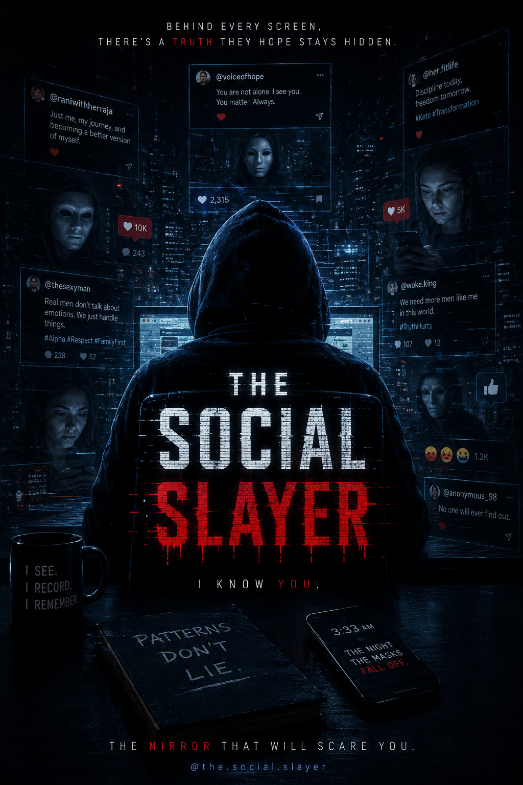 A dark cyber-thriller style poster for The Social Slayer. A hooded figure sits facing multiple glowing screens in a rain-soaked neon cityscape. Around them float fragmented social media posts, anonymous profiles, likes, comments, and masked faces, symbolizing hidden online identities. The title “THE SOCIAL SLAYER” appears in large distressed white and red text at the center. Beneath it reads: “I KNOW YOU.” Subtle red glitch effects cut through the image. A phone on the desk displays “3:33 AM,” while another line at the bottom reads: “THE MIRROR THAT WILL SCARE YOU.” The overall mood is eerie, digital, and psychologically intense, exploring the contrast between online personas and real identities.